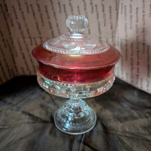 Vintage Ruby Topped Glass Pedestal Candy Dish
